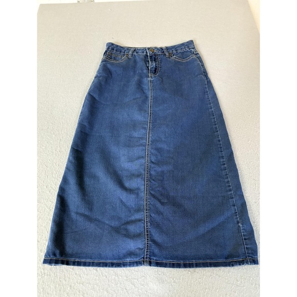 Cato Denim Skirt Girls 14 Blue Stretch Knee Length Back Flap Pockets Zip Fly - Picture 1 of 6